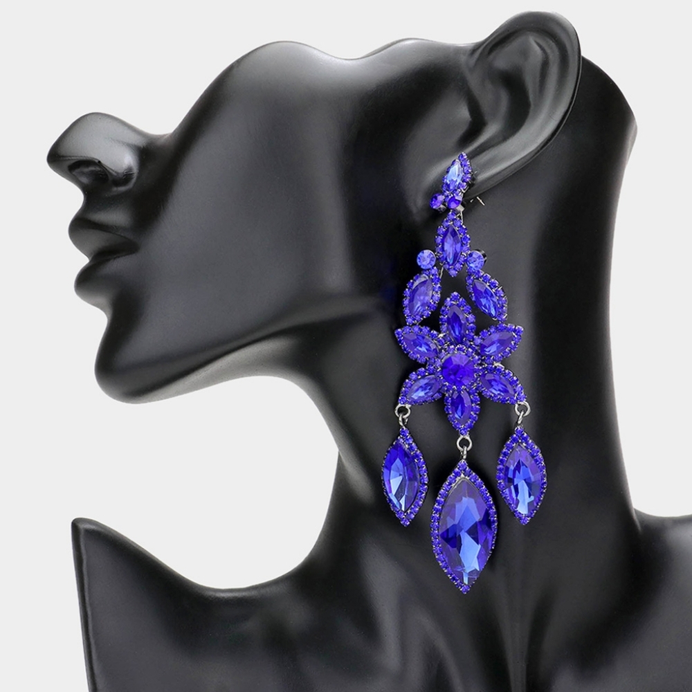 Royal Blue Marquise Flower Triple Rhinestone Crystal Dangle Earrings Statement